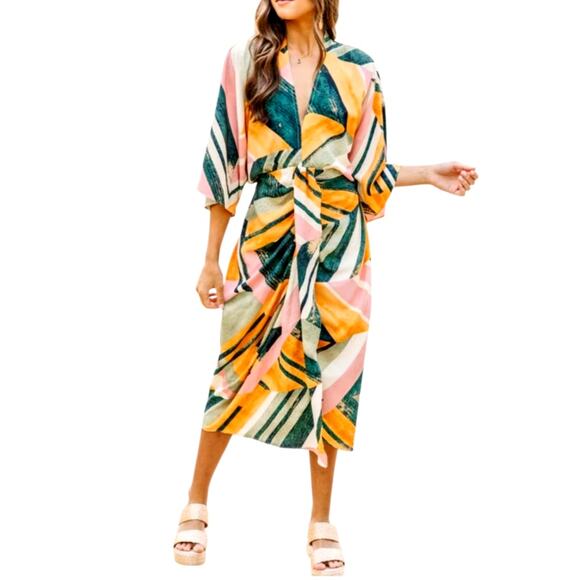 entro Dresses & Skirts - Entro Women's Medium Multicolor Vintage Resort Green Abstract V-Neck Midi Dress